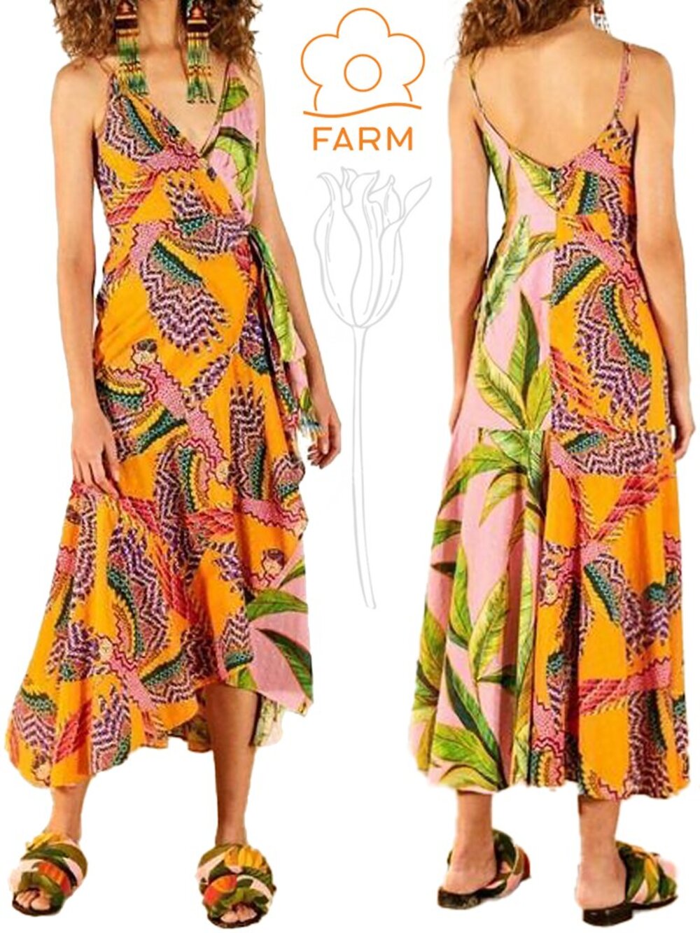 FARM RIO Mixed Prints Beaded Macaw Pink Foliage Midi Wrap Dress
